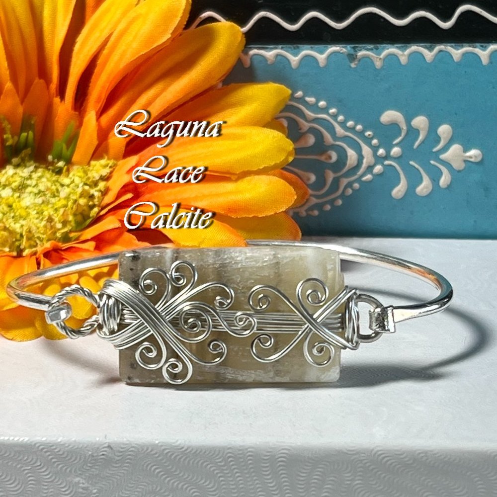 Laguna Lace Calcite Bangle Bracelet Cuff Handmade Silver Plated Wire Wrapped New